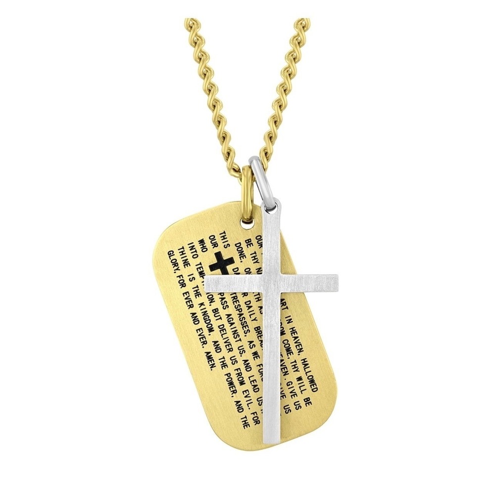 Believe Brilliance Mens Stainless Steel Lords Prayer Cross Dog Tag Necklace 24in